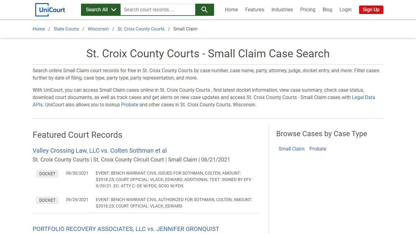 Small Claim Case Search - St. Croix County Courts, Wisconsin
